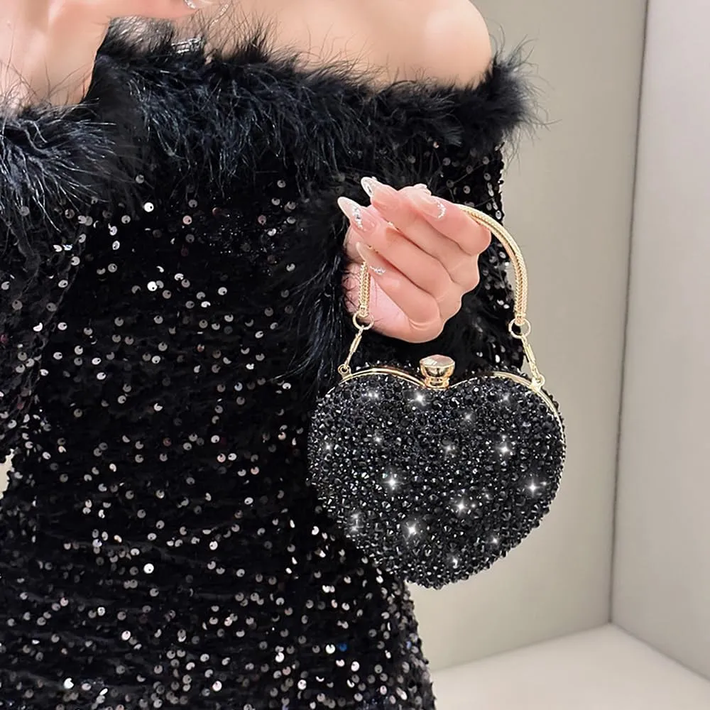 Womens Elegant Heart Type Evening Bag Shiny Rhinestone Clutch Purse Party Wedding Prom Handbag Chain Shoulder Bag