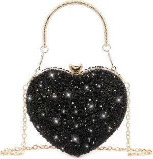 Womens Elegant Heart Type Evening Bag Shiny Rhinestone Clutch Purse Party Wedding Prom Handbag Chain Shoulder Bag