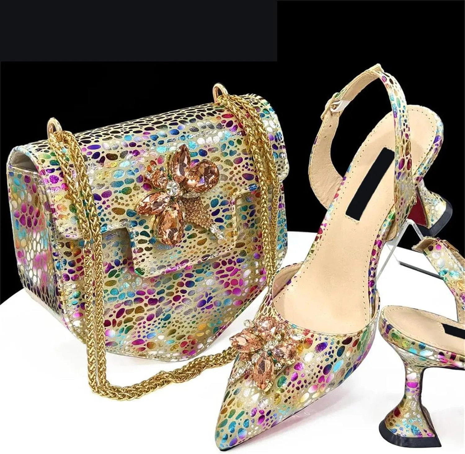 Womens Elegant Rhinestone Pattern Evening Shoes and Matching Shoulder Bag Set Luxury Heels for Bridal Party