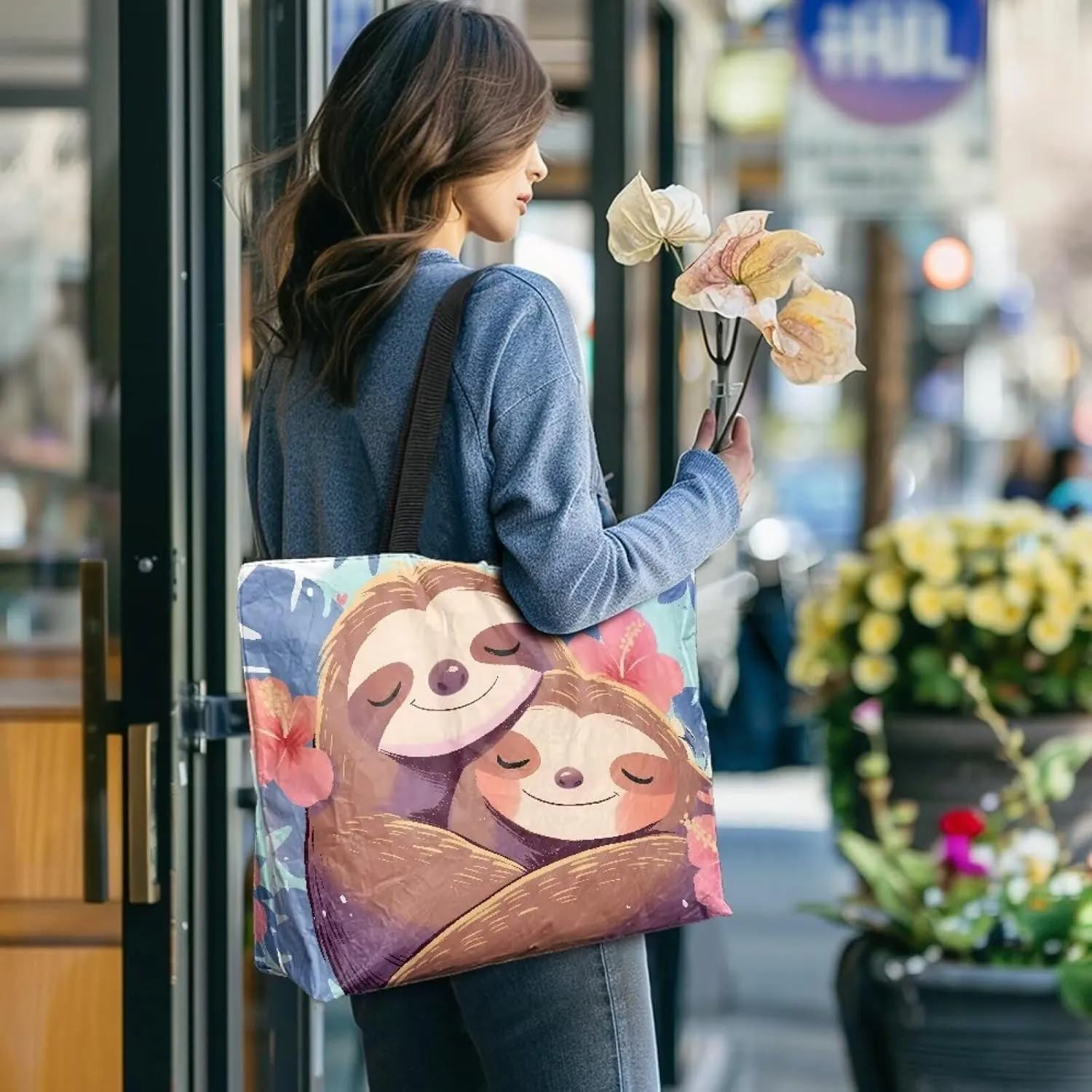 Women's Handbag Large Tote Bag Zipper Closure, Couple Animals Print Eco Friendly Shopping Paper Tote Storage Bag