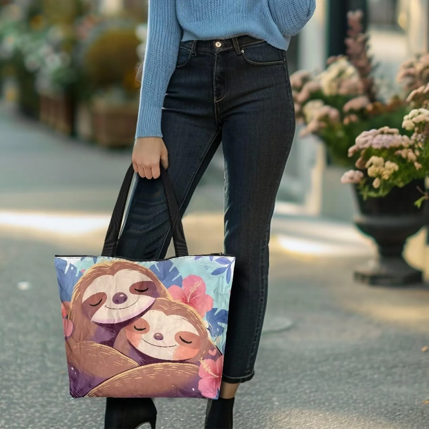 Women's Handbag Large Tote Bag Zipper Closure, Couple Animals Print Eco Friendly Shopping Paper Tote Storage Bag
