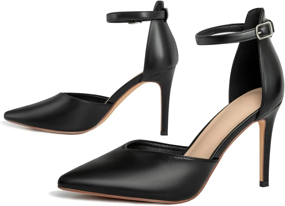 Women's High Heels Pumps Closed Toe Black Heels Dress Shoes for Women Pointed Toe Sexy Stiletto Pumps Ankle Strap 4 Inches Heels Pumps Shoes for Prom, Wedding and Daily Wear