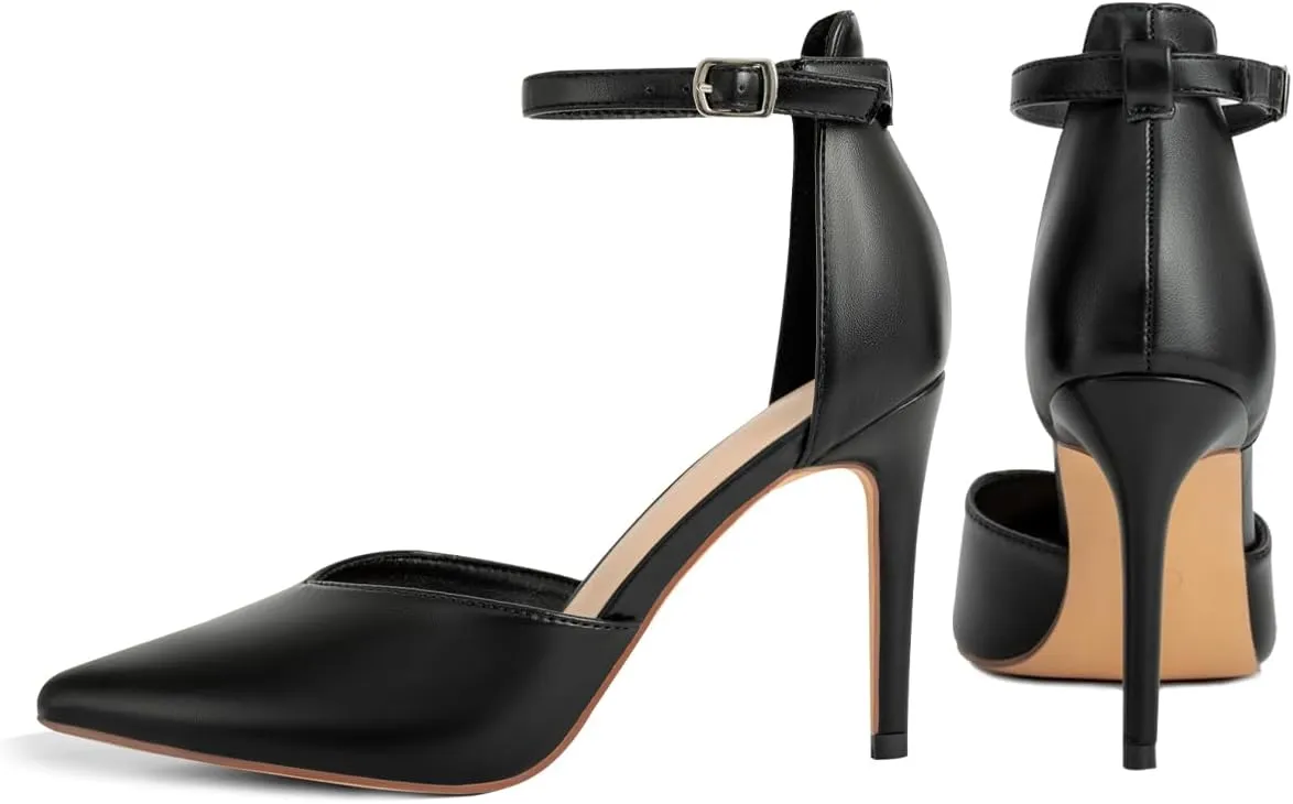 Women's High Heels Pumps Closed Toe Black Heels Dress Shoes for Women Pointed Toe Sexy Stiletto Pumps Ankle Strap 4 Inches Heels Pumps Shoes for Prom, Wedding and Daily Wear