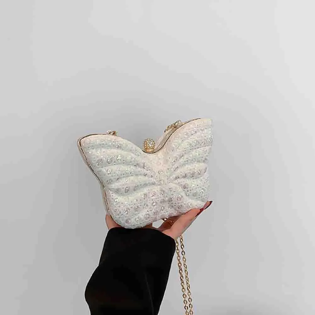 Women's Hollow Butterfly Shoulder Bag, Luxury Glitter Rhinestone Chain Evening Purse, Cute Wedding Party Bridal Prom Handbag