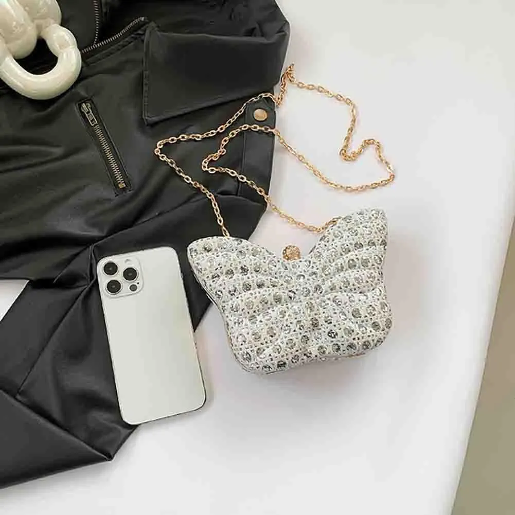 Women's Hollow Butterfly Shoulder Bag, Luxury Glitter Rhinestone Chain Evening Purse, Cute Wedding Party Bridal Prom Handbag