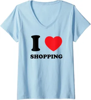 Womens I Love Heart Shopping Shoes Dresses Clothes Handbag Purse V-Neck T-Shirt
