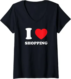 Womens I Love Heart Shopping Shoes Dresses Clothes Handbag Purse V-Neck T-Shirt