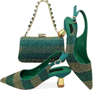 Women’s Italian Inspired Crystal Accented Wedding Shoes and Clutch Combo Pointed Toe Luxury Heels for Bride
