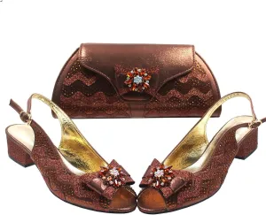 Women’s Italian Inspired Wedding Celebration Shoes and Bag Sparkly Crystal Decorated Block Heel for Bridesmaids