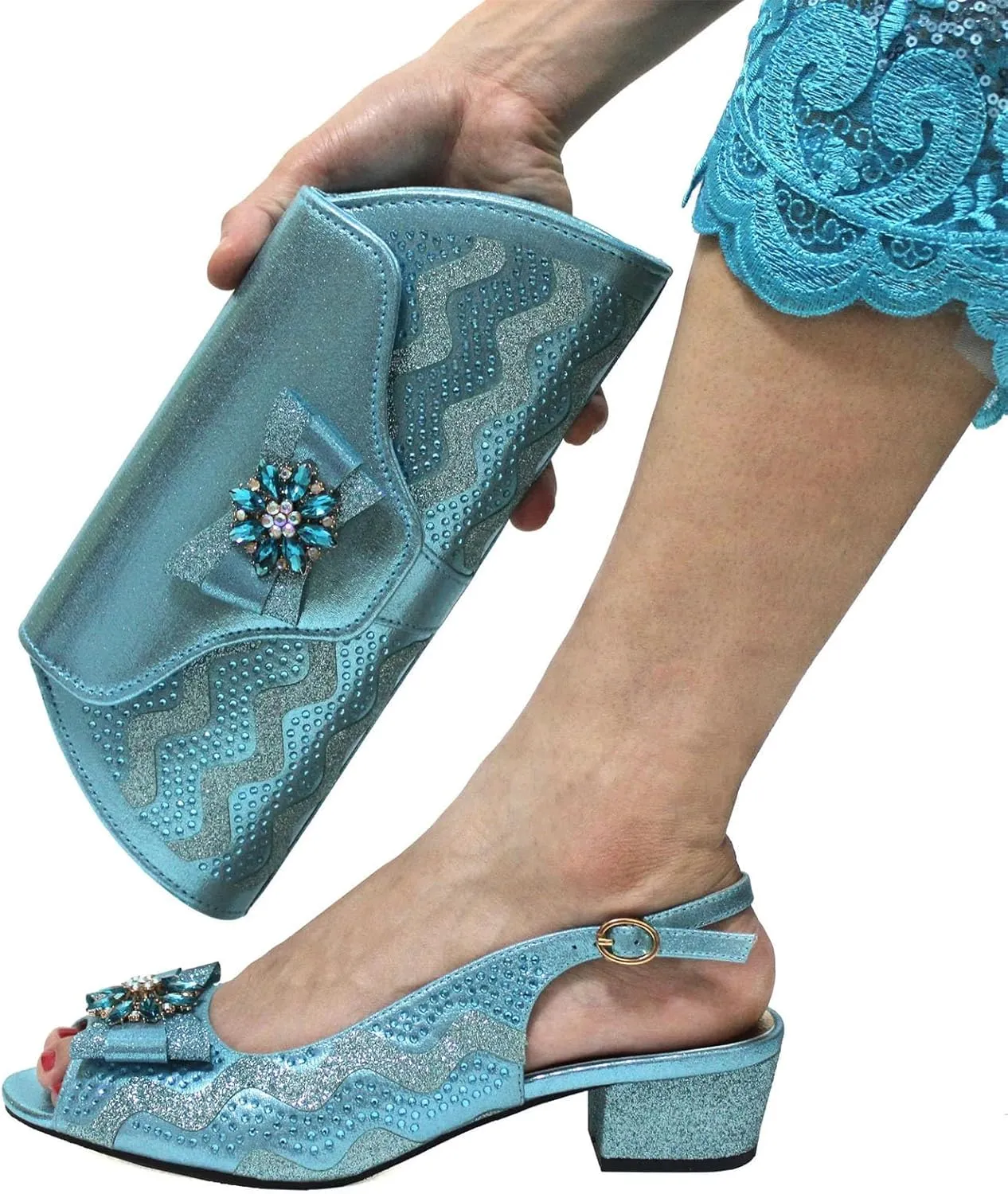 Women’s Italian Inspired Wedding Celebration Shoes and Bag Sparkly Crystal Decorated Block Heel for Bridesmaids