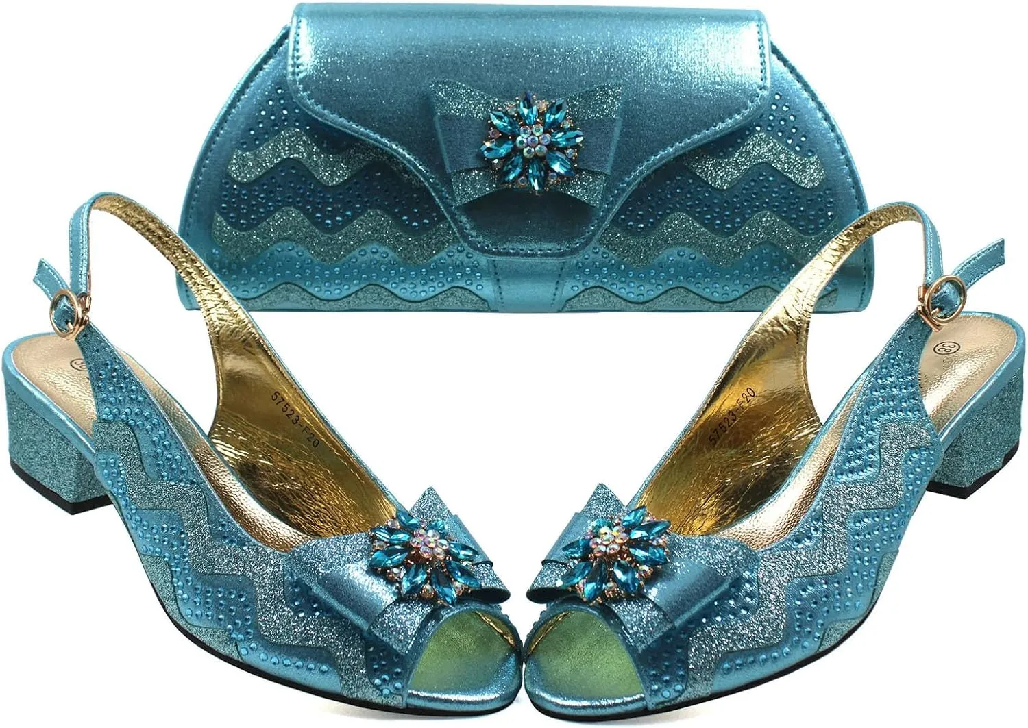 Women’s Italian Inspired Wedding Celebration Shoes and Bag Sparkly Crystal Decorated Block Heel for Bridesmaids