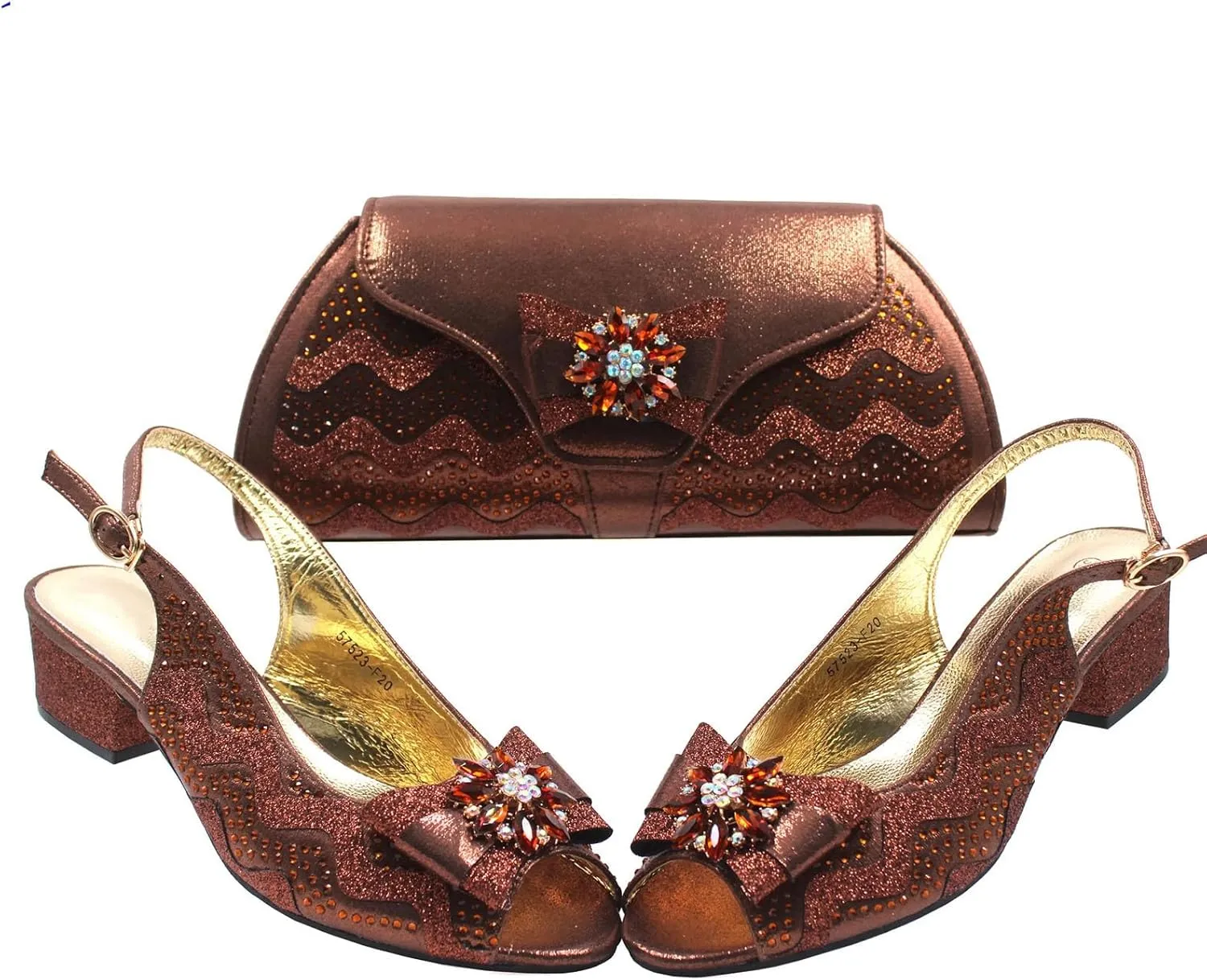 Women’s Italian Inspired Wedding Celebration Shoes and Bag Sparkly Crystal Decorated Block Heel for Bridesmaids