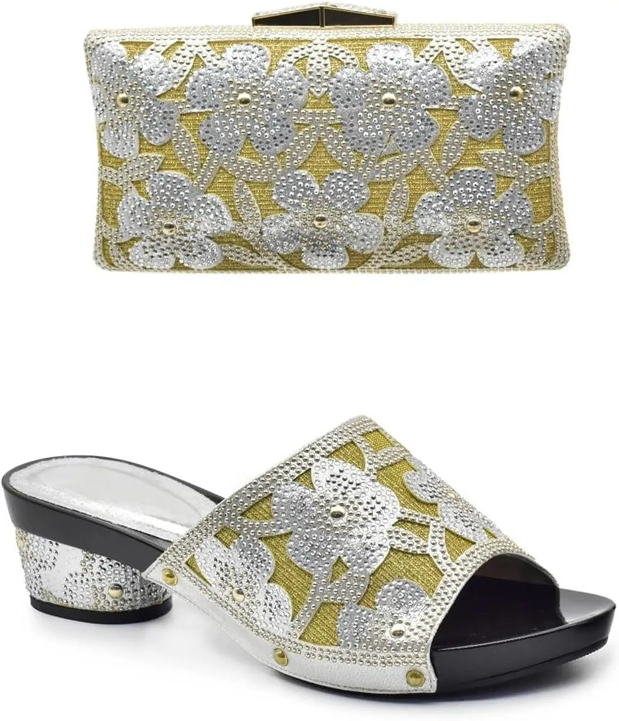 Womens Italian Rhinestone Shoes and Bags Elegant Flower Crystal Clutch African Matching High Heels and Handbags