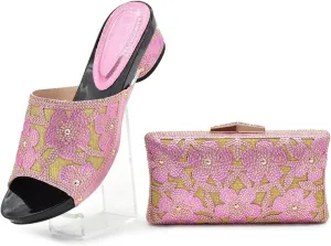 Womens Italian Rhinestone Shoes and Bags Elegant Flower Crystal Clutch African Matching High Heels and Handbags