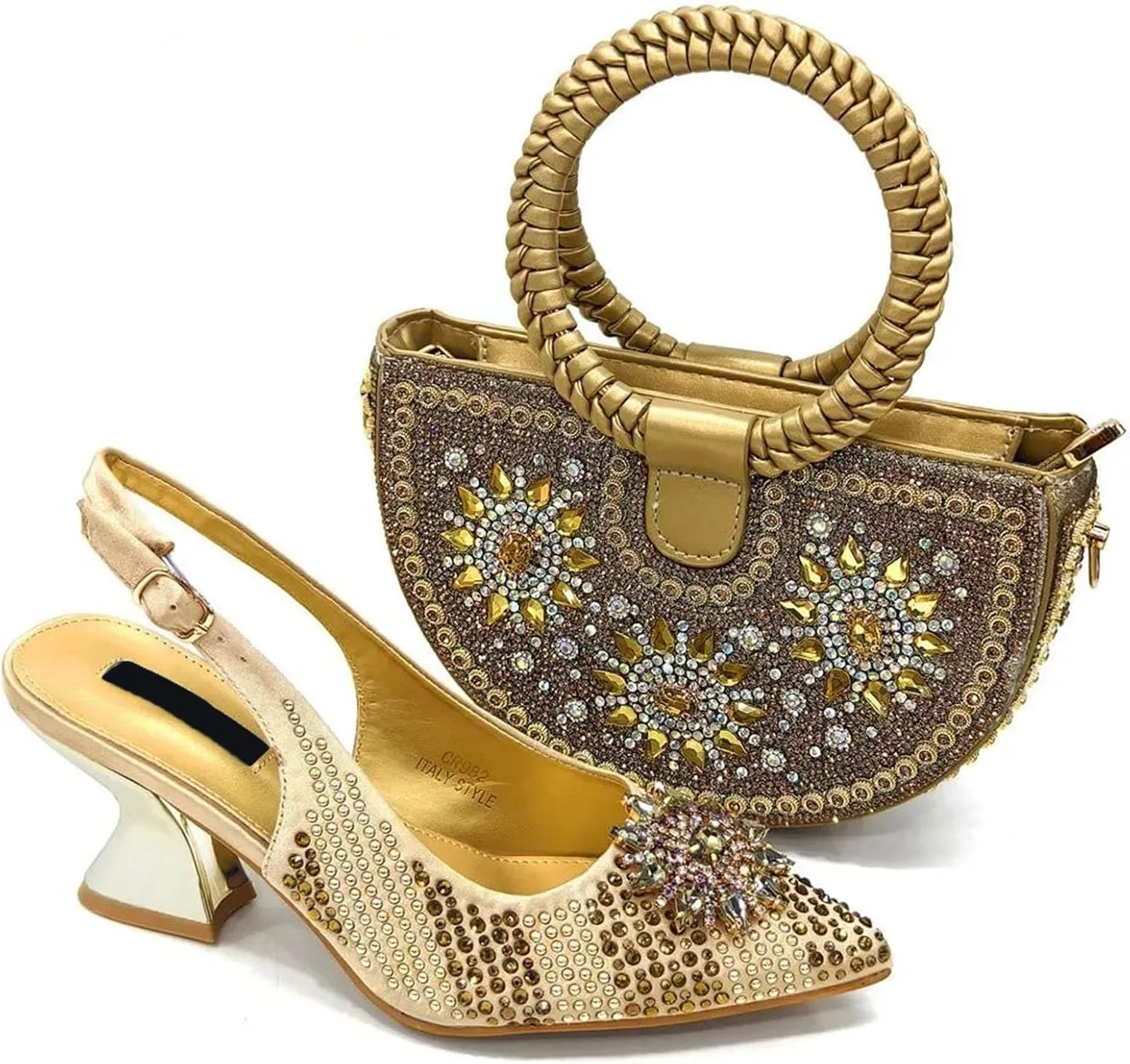 Womens Italian Style Luxury Evening Shoes and Matching Clutch Set Rhinestone Accented High Heels for Bride