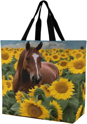 Women's Large-capacity Shoulder Shopping Bag Reusable Foldable Shopping Bags Horse And Sunflower Beach Bag