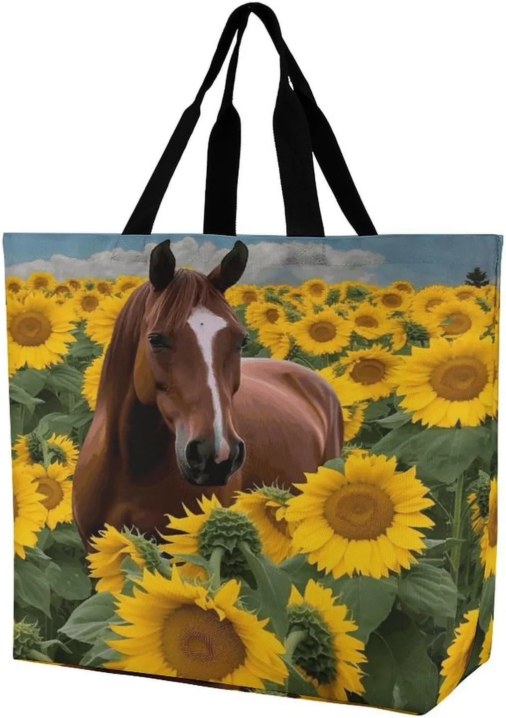 Women's Large-capacity Shoulder Shopping Bag Reusable Foldable Shopping Bags Horse And Sunflower Beach Bag