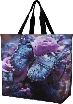 Women's Large-capacity Shoulder Shopping Bag Reusable Foldable Shopping Bags Purple Rose And Butterfly Beach Bag