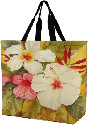 Women's Large-capacity Shoulder Shopping Bag Reusable Foldable Shopping Bags White Hibiscus Flower Beach Bag