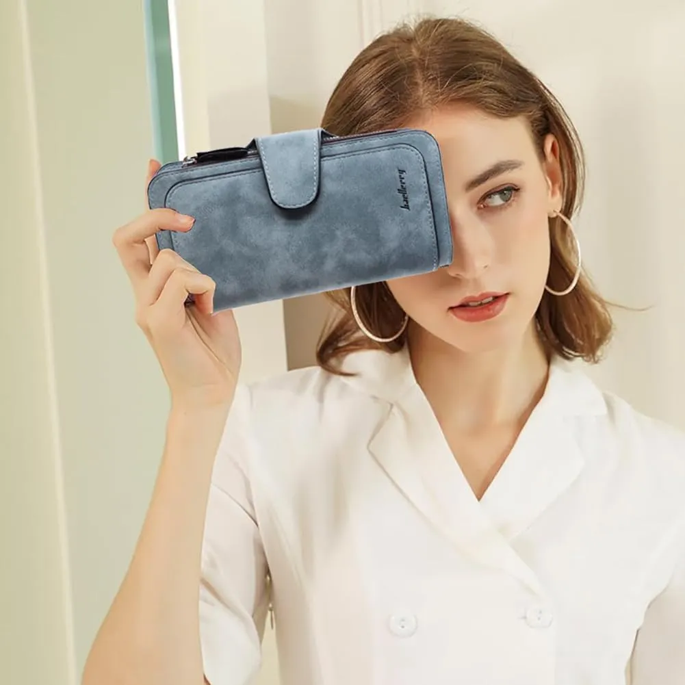 Women's Long Leather Wallet RFID Blocking Cash ID Credit Card Holder for Women Ladies Soft Clutch Wallet with Zipper Coin Pocket Fashion Purse (Light Blue)