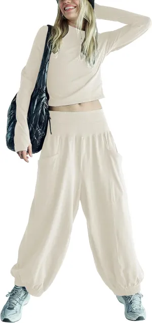 Womens Lounge Sets Long Sleeve Cropped Tops Wide Leg Sweatpants Tracksuit with Pockets Two Pieces Outfits