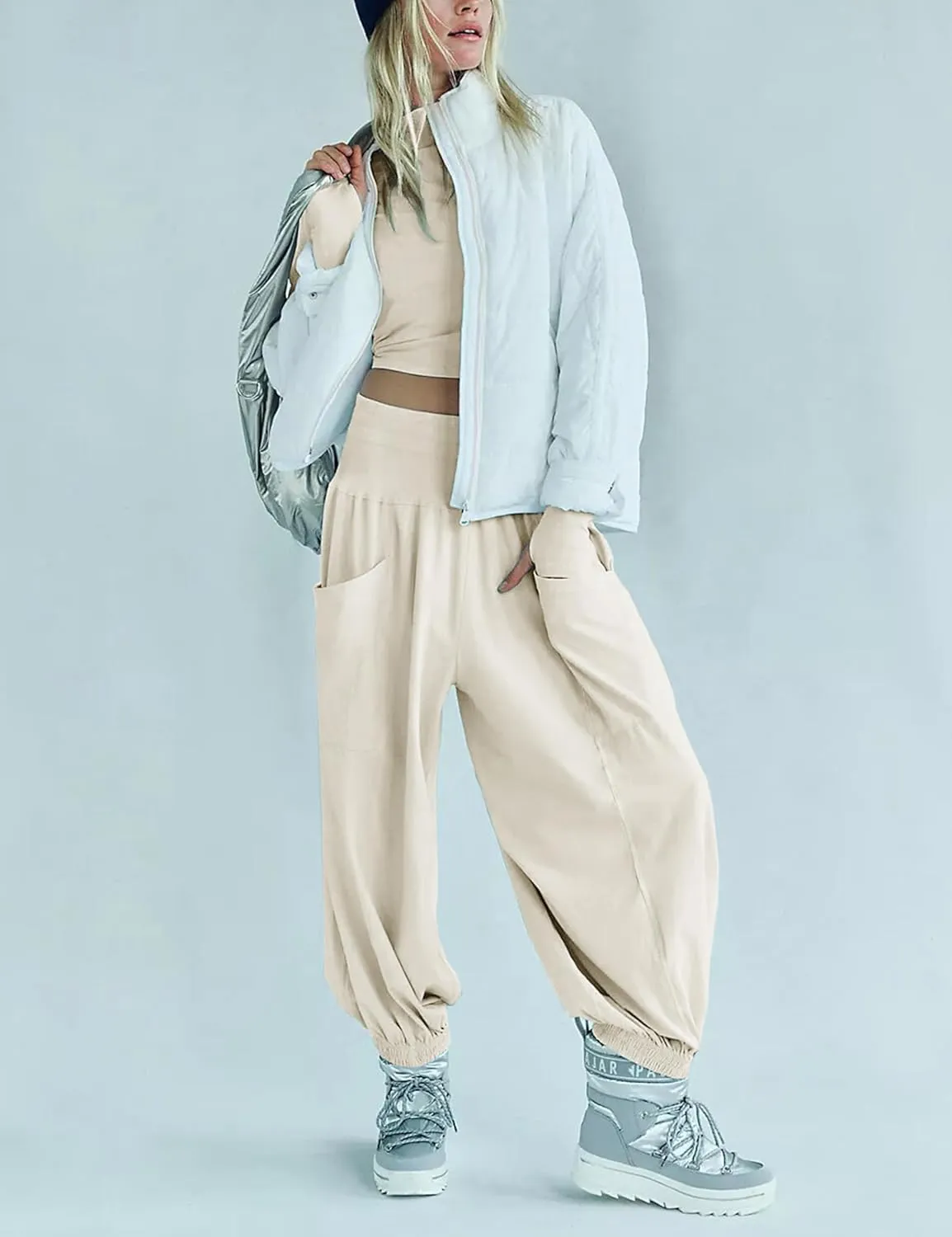Womens Lounge Sets Long Sleeve Cropped Tops Wide Leg Sweatpants Tracksuit with Pockets Two Pieces Outfits