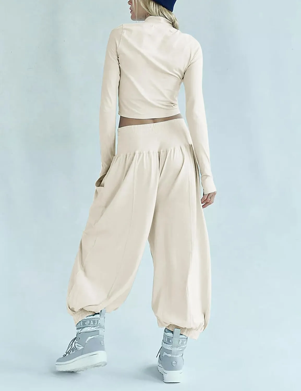 Womens Lounge Sets Long Sleeve Cropped Tops Wide Leg Sweatpants Tracksuit with Pockets Two Pieces Outfits