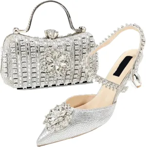 Womens Luxury Italian Style Evening Shoes and Clutch Combo Sparkly Crystal Decorated Heels for Formal Wear