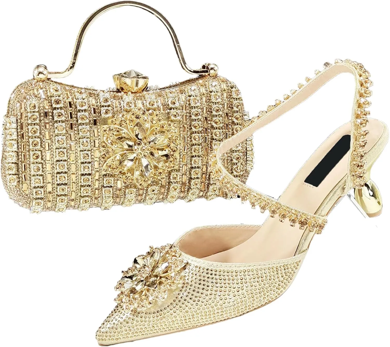 Womens Luxury Italian Style Evening Shoes and Clutch Combo Sparkly Crystal Decorated Heels for Formal Wear