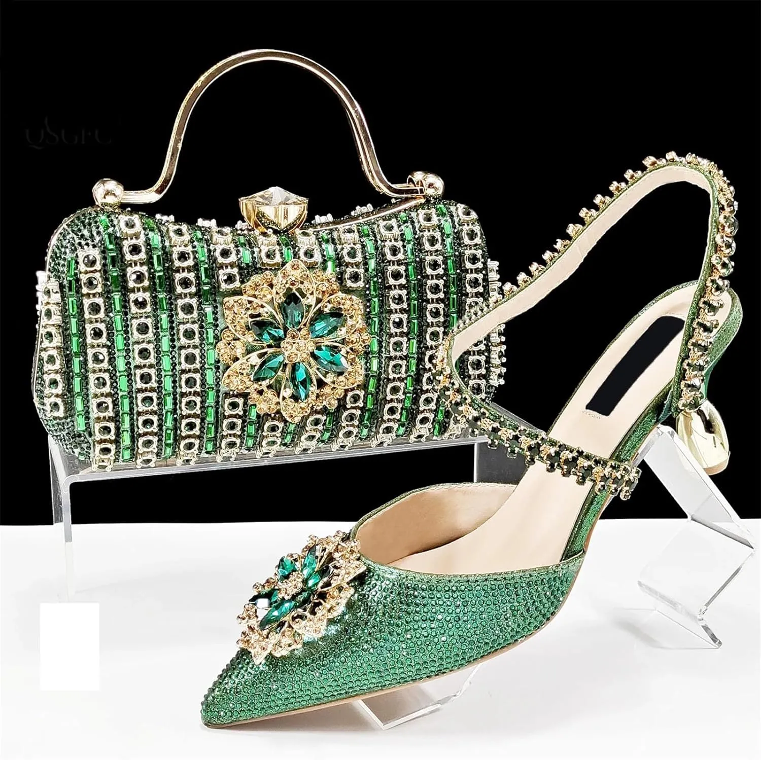 Womens Luxury Italian Style Evening Shoes and Clutch Combo Sparkly Crystal Decorated Heels for Formal Wear
