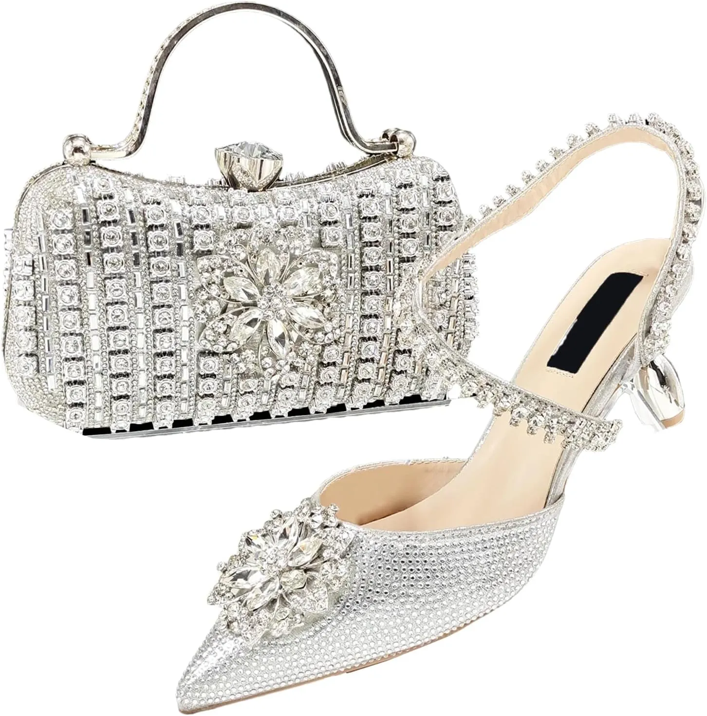 Womens Luxury Italian Style Evening Shoes and Clutch Combo Sparkly Crystal Decorated Heels for Formal Wear