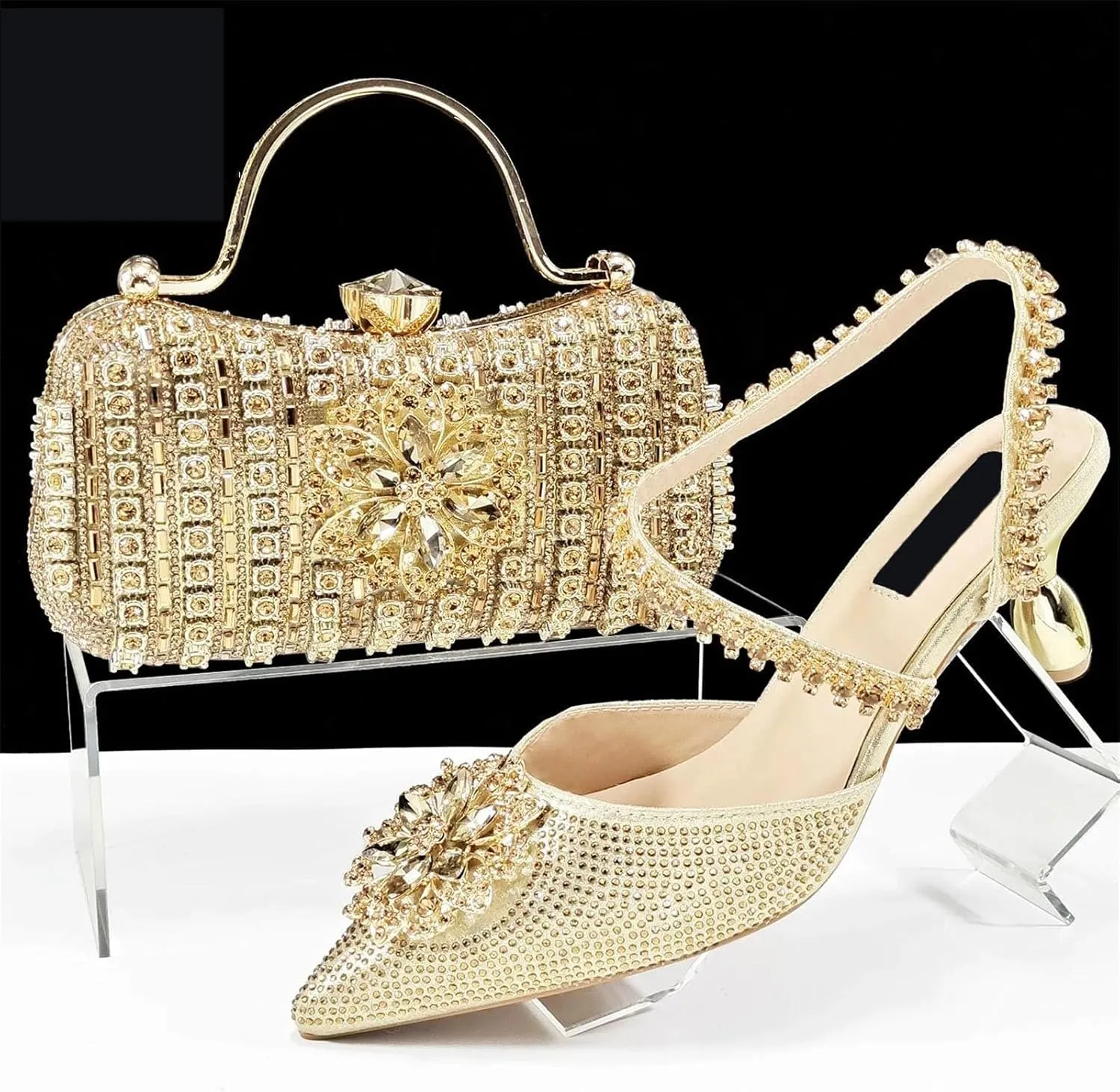 Womens Luxury Italian Style Evening Shoes and Clutch Combo Sparkly Crystal Decorated Heels for Formal Wear