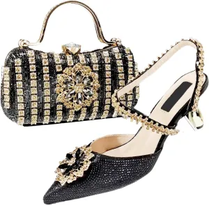 Womens Luxury Italian Style Evening Shoes and Clutch Combo Sparkly Crystal Decorated Heels for Formal Wear