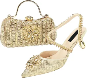 Womens Luxury Italian Style Evening Shoes and Clutch Combo Sparkly Crystal Decorated Heels for Formal Wear