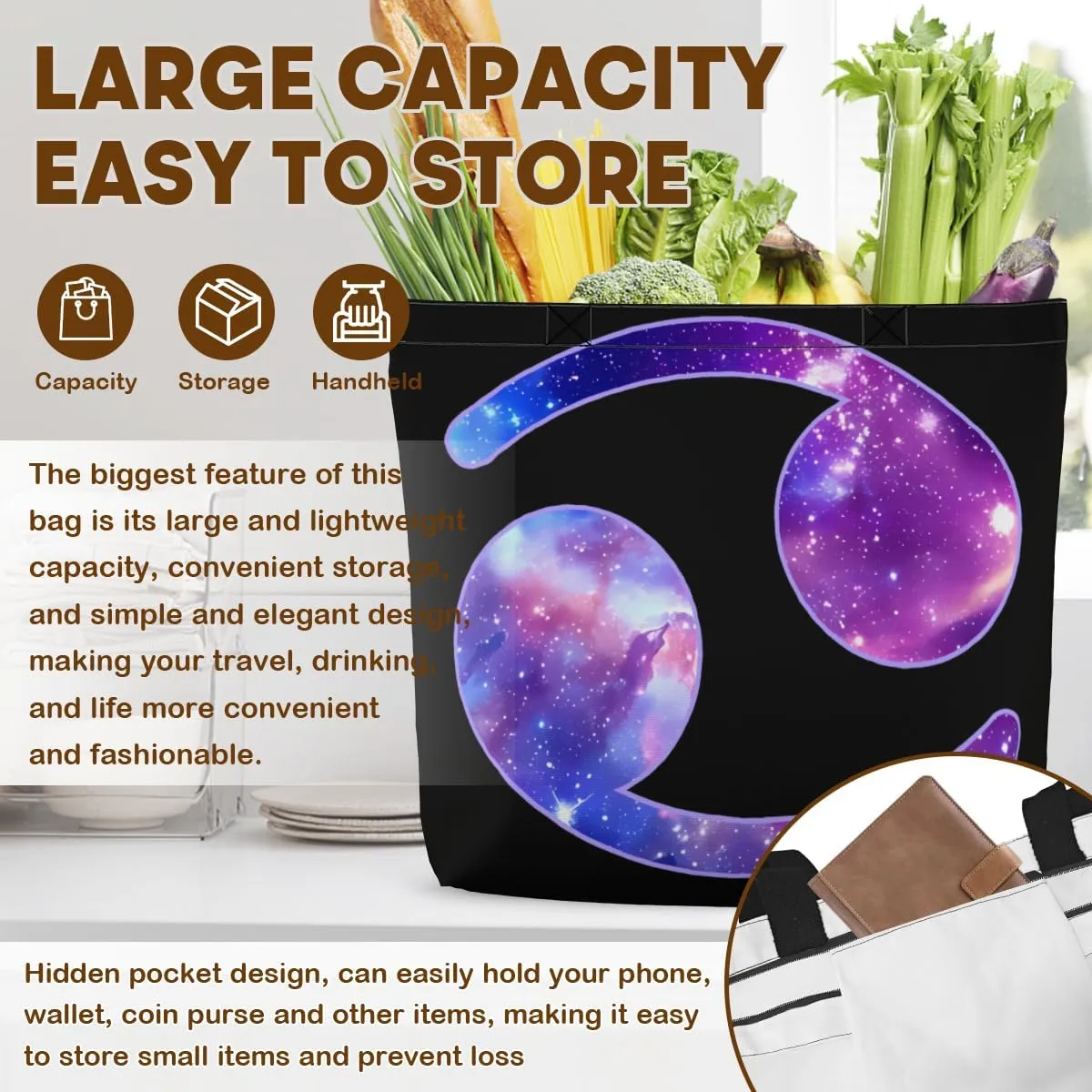Women's Men Large Kitchen Reusable Grocery Bags Shoulder Bags With Zipper Beach Shopping Bag for Outdoors