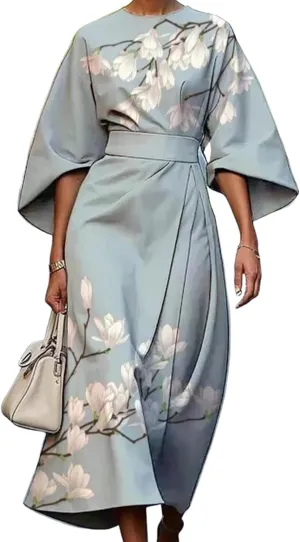 Womens Midi Dress Round Neck 3/4 Sleeve Blue Floral Print Elegant Chic 2025 Spring Autumn Vacation Party Dress