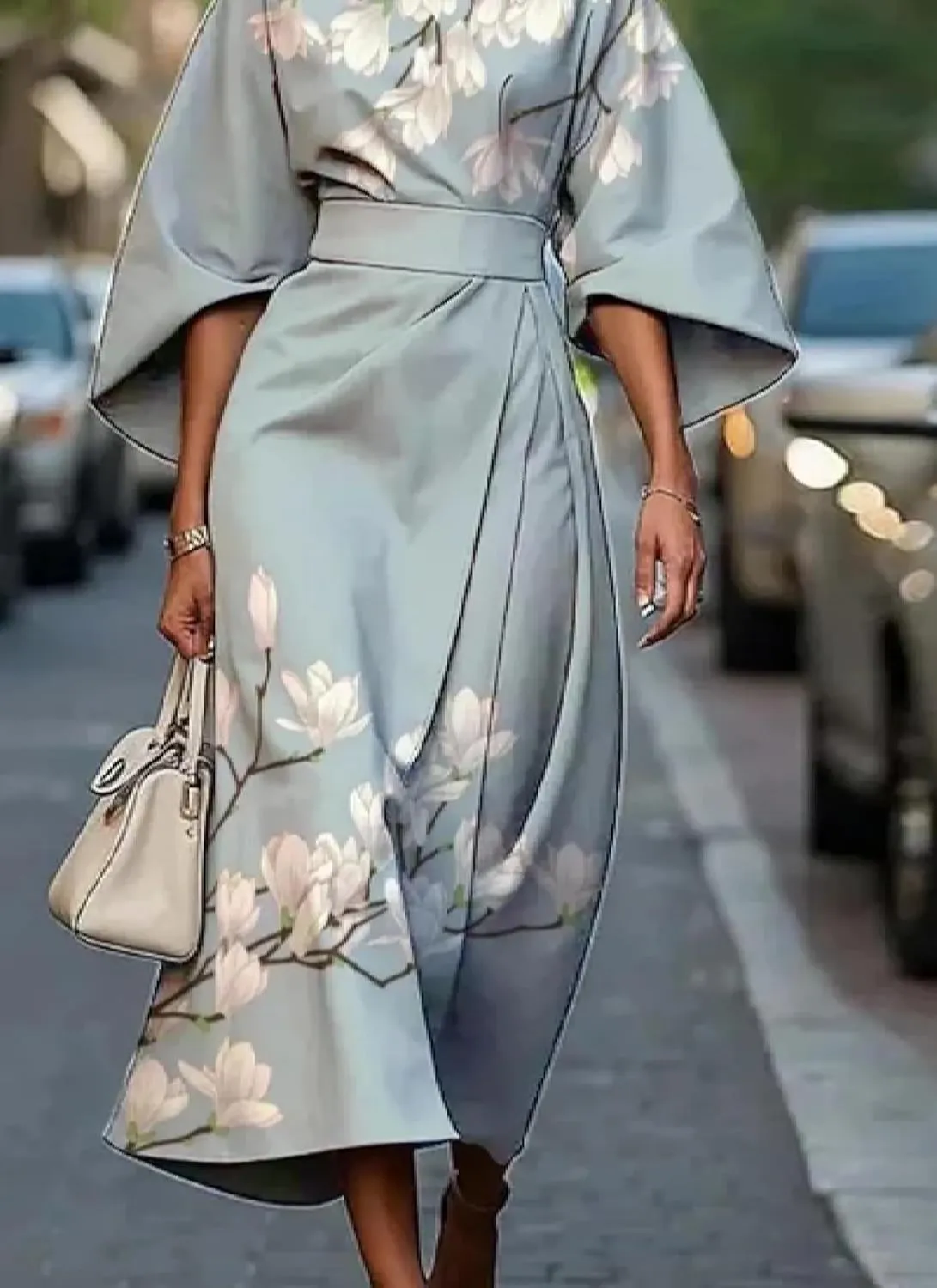 Womens Midi Dress Round Neck 3/4 Sleeve Blue Floral Print Elegant Chic 2025 Spring Autumn Vacation Party Dress