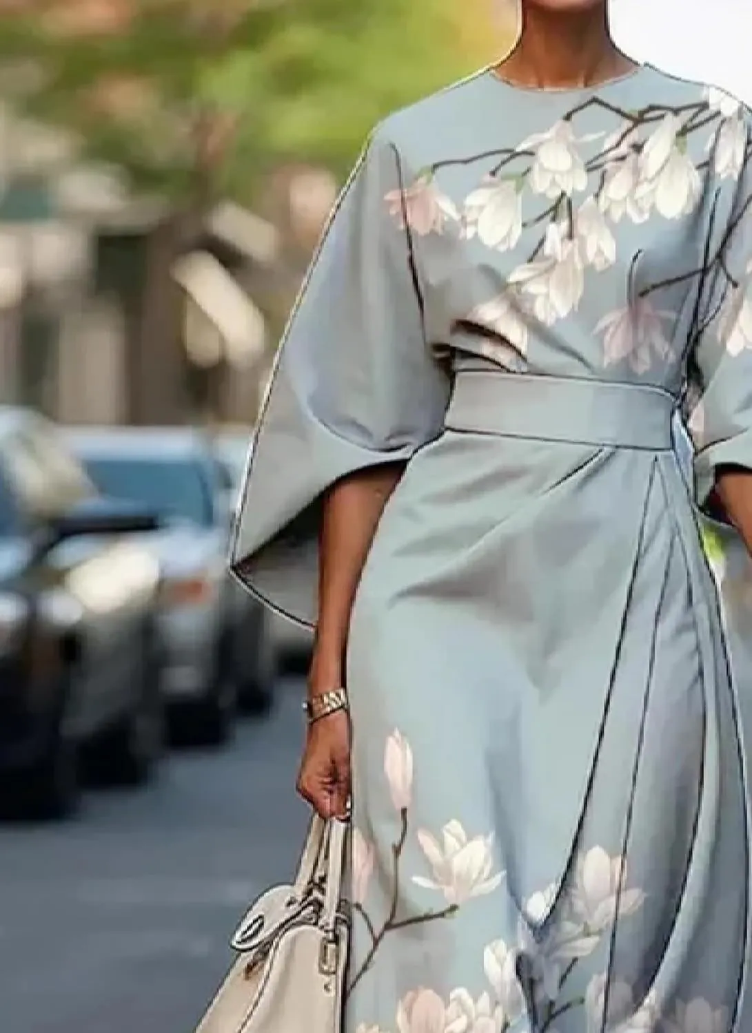 Womens Midi Dress Round Neck 3/4 Sleeve Blue Floral Print Elegant Chic 2025 Spring Autumn Vacation Party Dress
