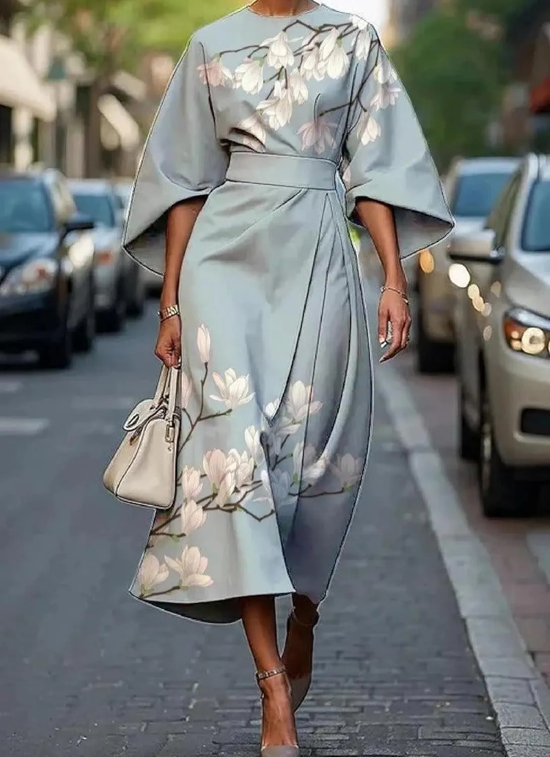 Womens Midi Dress Round Neck 3/4 Sleeve Blue Floral Print Elegant Chic 2025 Spring Autumn Vacation Party Dress
