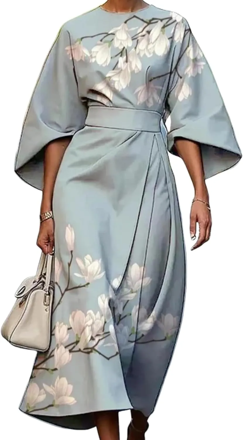 Womens Midi Dress Round Neck 3/4 Sleeve Blue Floral Print Elegant Chic 2025 Spring Autumn Vacation Party Dress