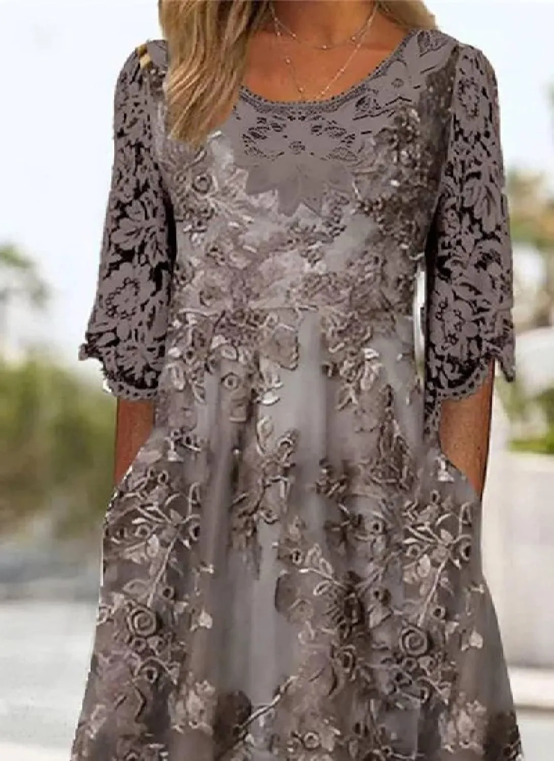 Womens Midi Dress Round Neck Half Sleeve Floral Print Lace Elegant Casual Spring Summer Party Vacation Dress