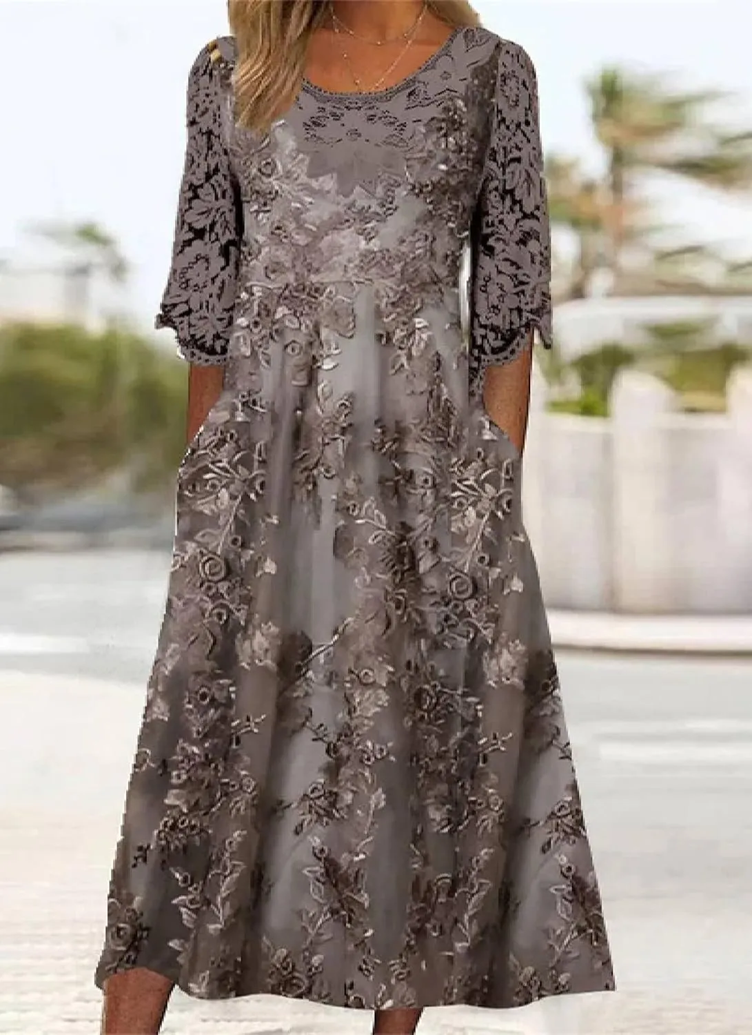 Womens Midi Dress Round Neck Half Sleeve Floral Print Lace Elegant Casual Spring Summer Party Vacation Dress