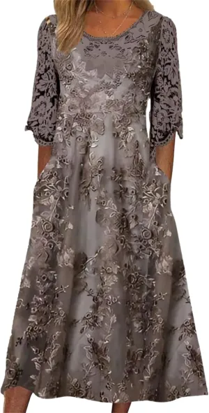 Womens Midi Dress Round Neck Half Sleeve Floral Print Lace Elegant Casual Spring Summer Party Vacation Dress