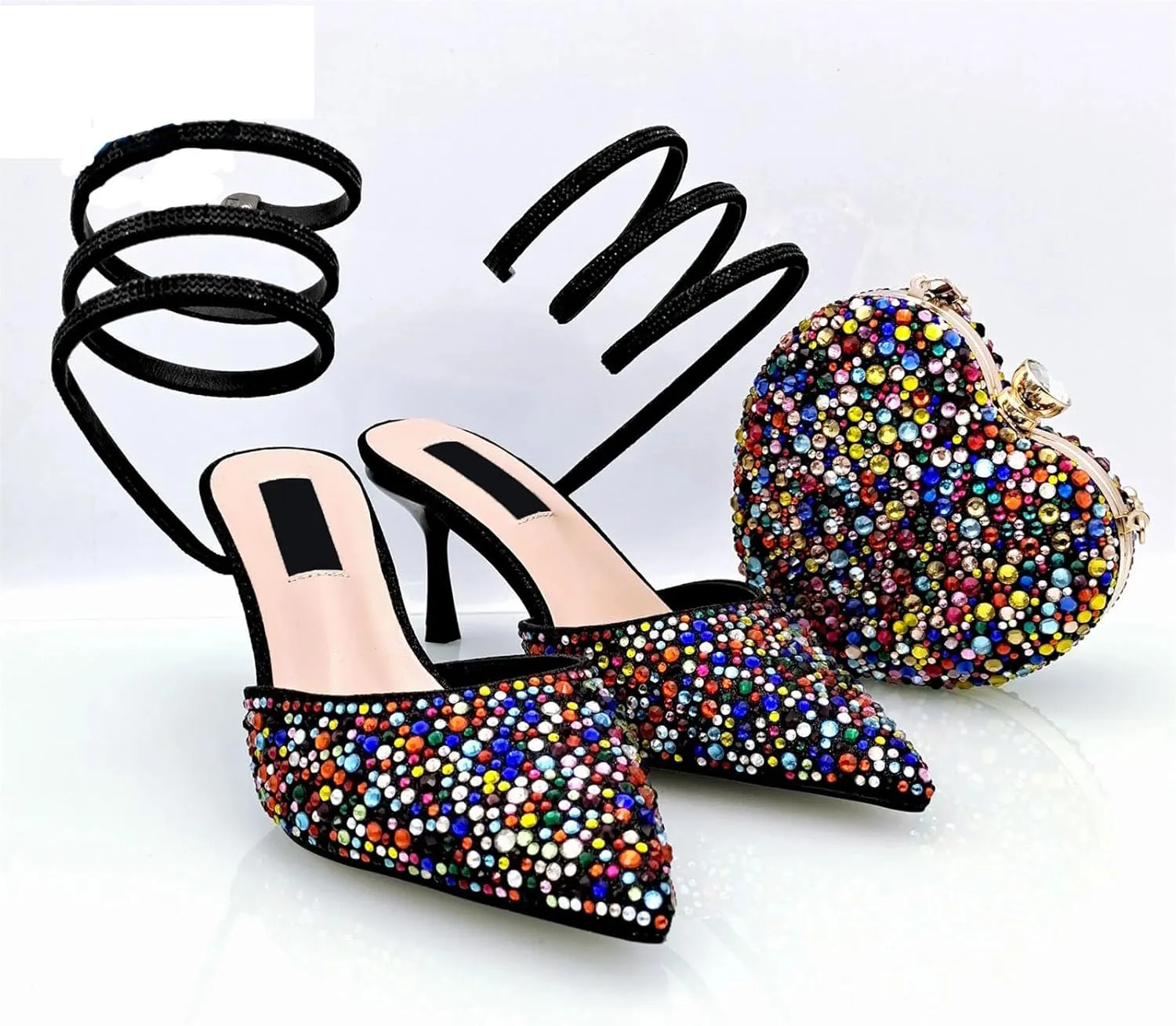 Womens Nigerian Inspired Designer Evening Shoes and Purse Set Rhinestone Pattern High Heels for Bridal Party
