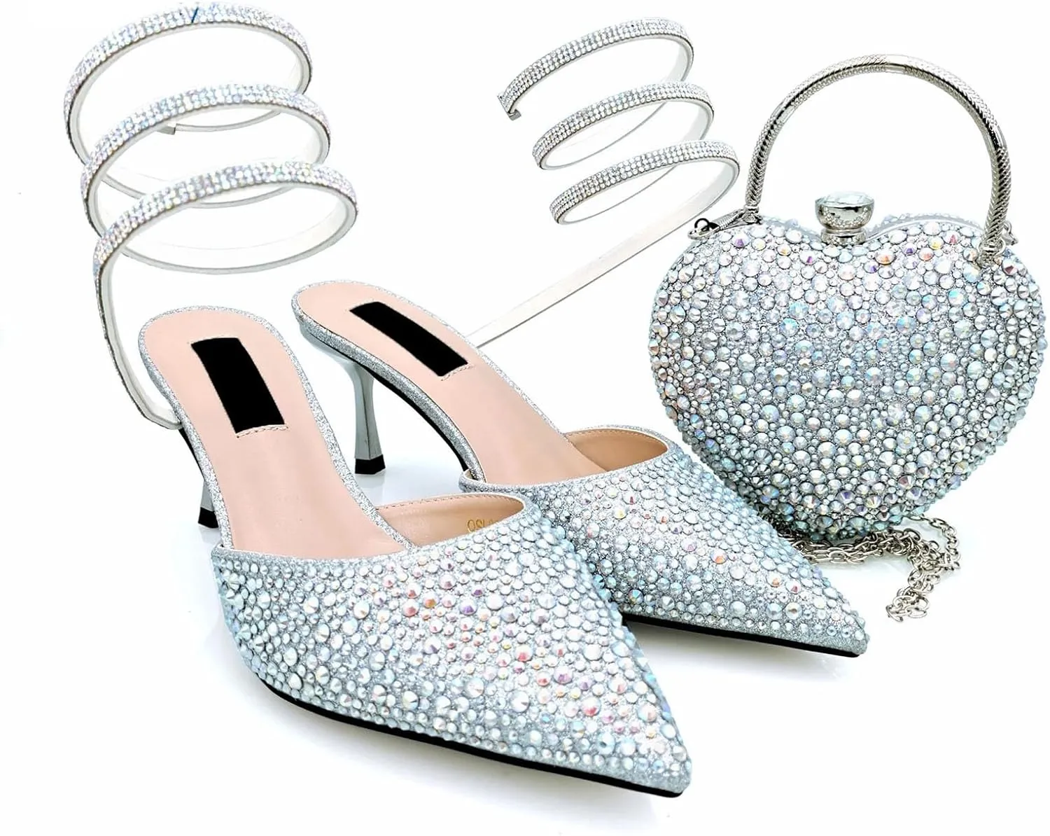Womens Nigerian Inspired Designer Evening Shoes and Purse Set Rhinestone Pattern High Heels for Bridal Party
