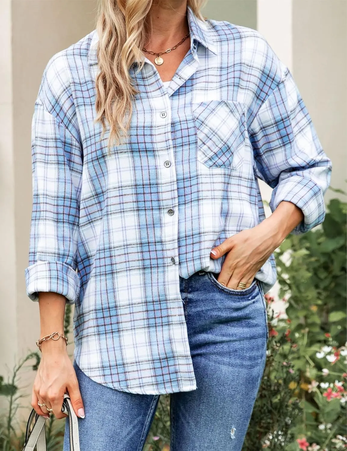 Womens Oversized Flannel Plaid Shirts Casual Button Down Blouse Tops with Pockets