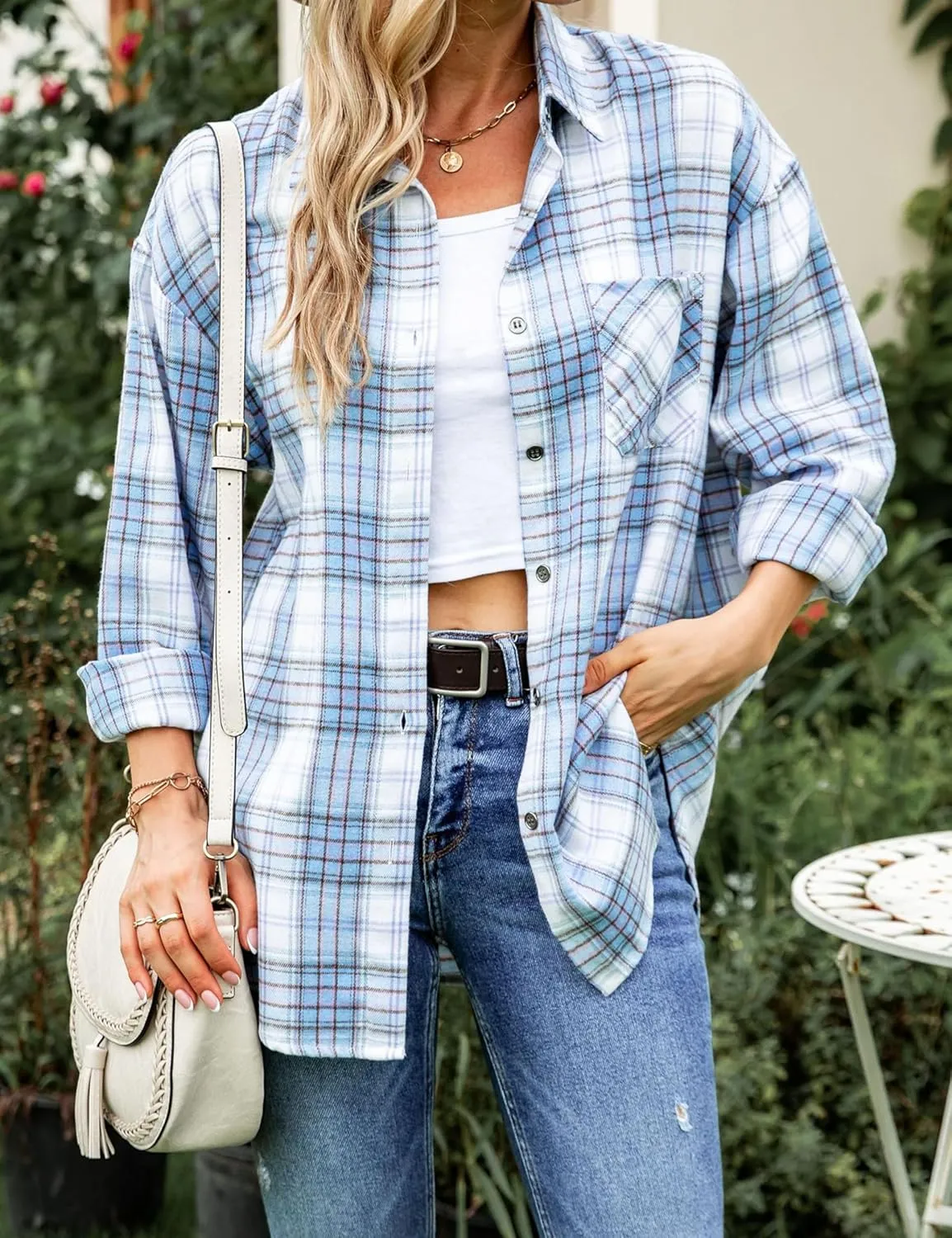 Womens Oversized Flannel Plaid Shirts Casual Button Down Blouse Tops with Pockets