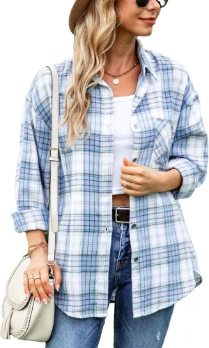 Womens Oversized Flannel Plaid Shirts Casual Button Down Blouse Tops with Pockets