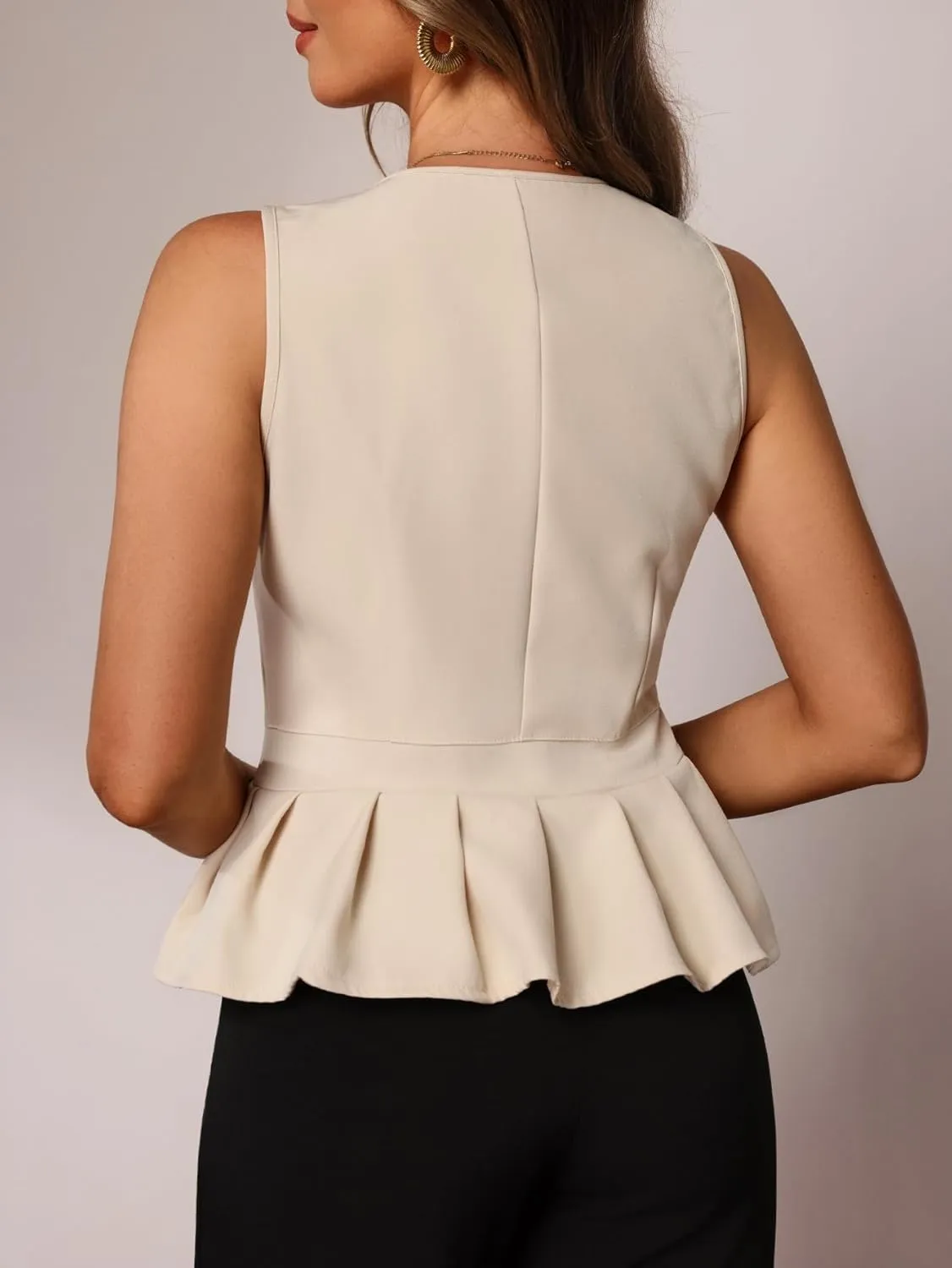 Women's Pleated Wrap V Neck Suit Vest Elegant Button Front Sleeveless Blazer