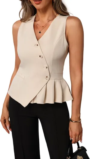 Women's Pleated Wrap V Neck Suit Vest Elegant Button Front Sleeveless Blazer